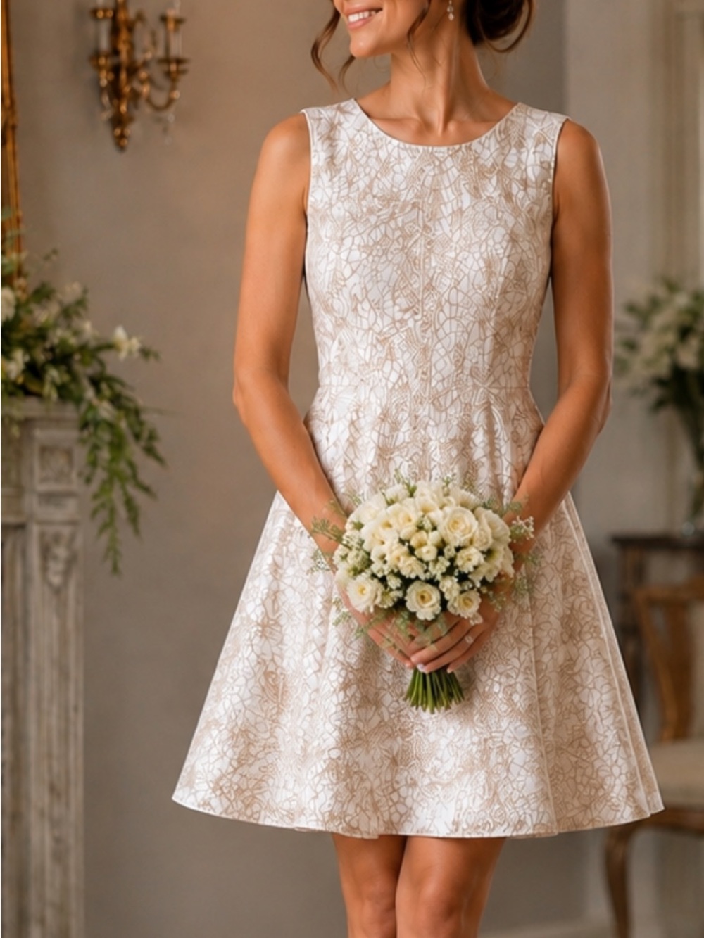 Issa London Ivory-white and Gold Lace Sleeveless A-Line Dress flare skirt